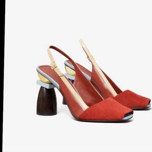 "Brand New" Marquetry Block HeelColor: SMOKED PAPRIKA / BEIGE / SMOKED PAPRIKA 